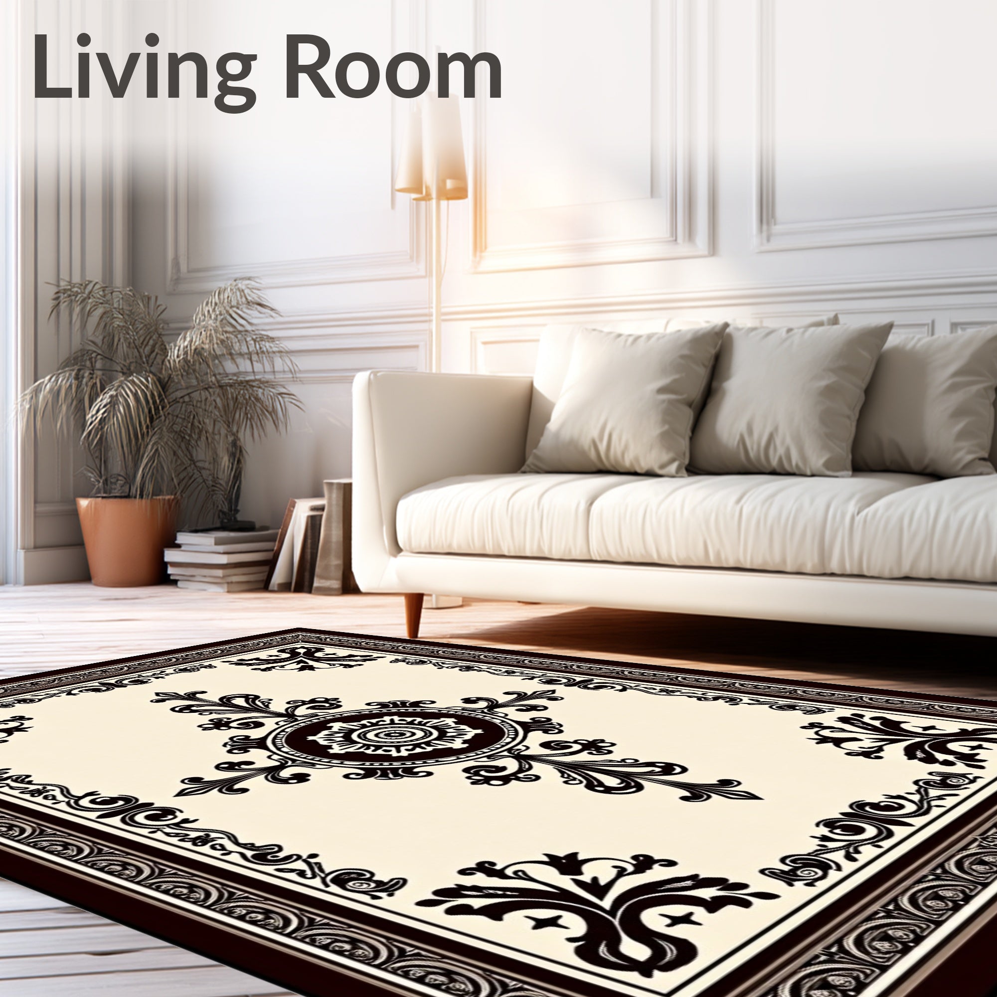 Ornate Cream Dark Brown Medallion Border Rug