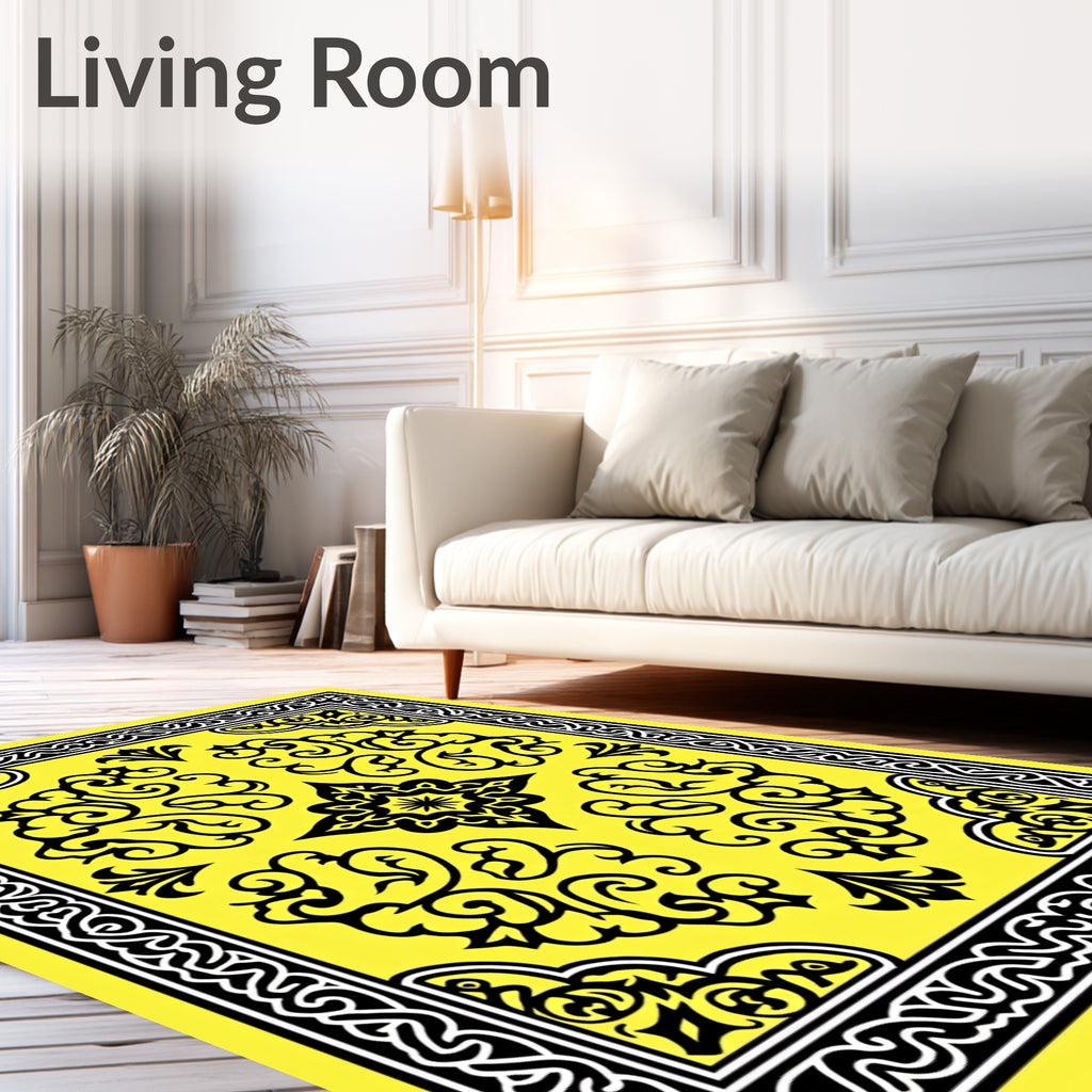 Bright Yellow Black Scrollwork Medallion Rug