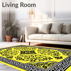 Bright Yellow Black Scrollwork Medallion Rug