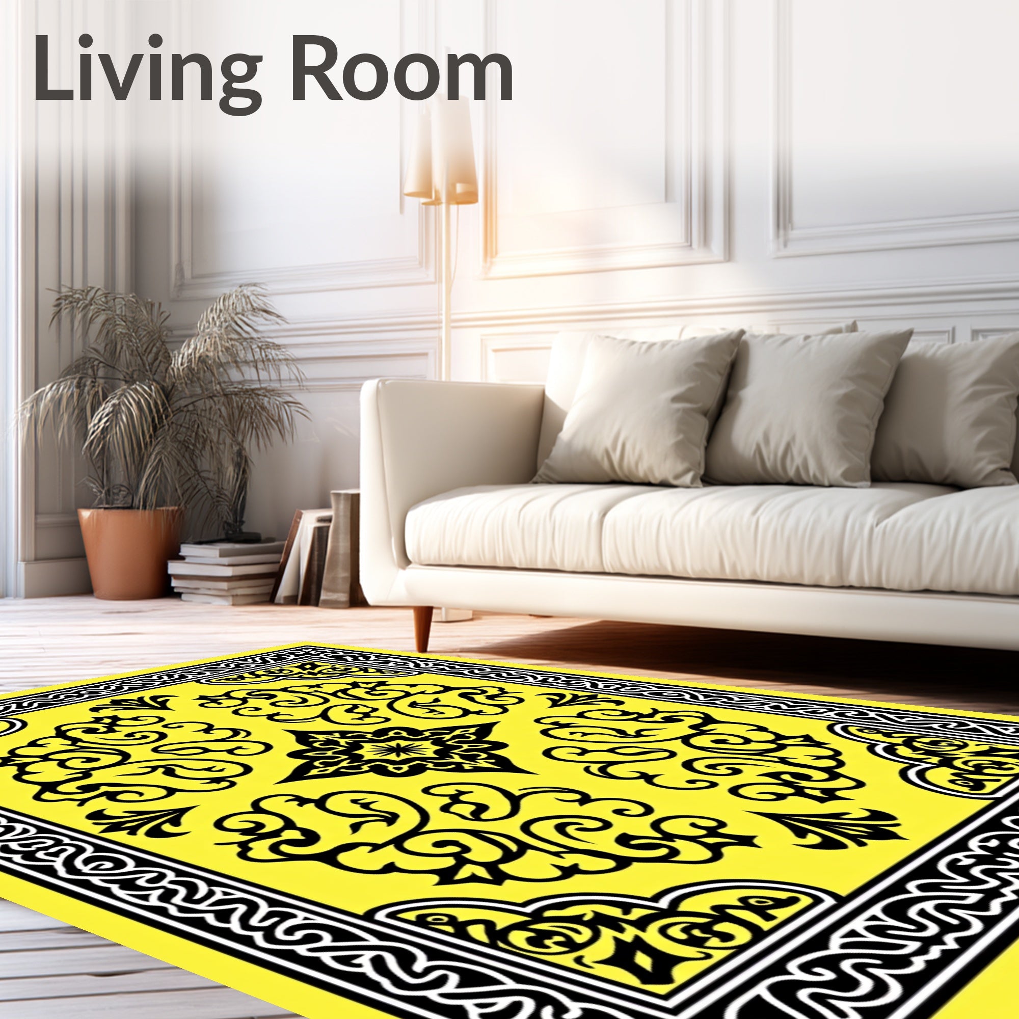 Bright Yellow Black Scrollwork Medallion Rug