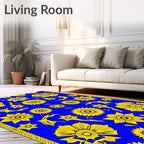 Vibrant Yellow Floral Medallion Blue Rug