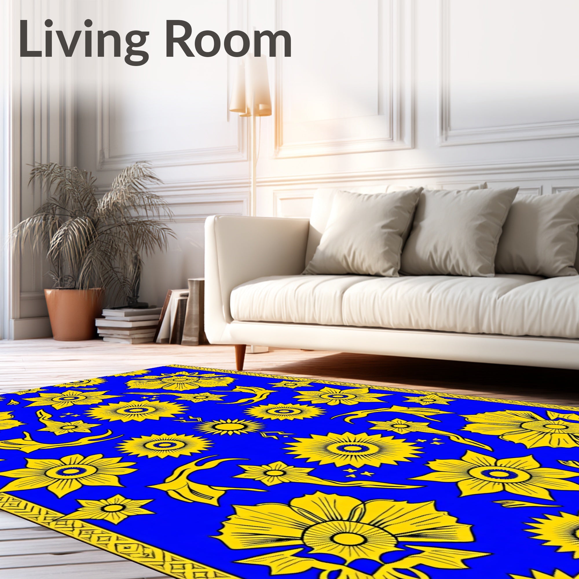 Vibrant Yellow Floral Medallion Blue Rug