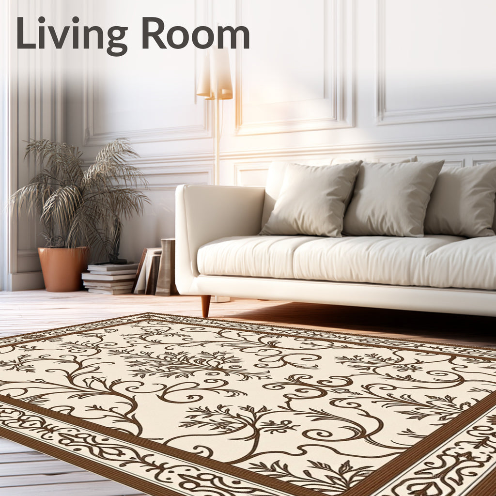 Brown Scrollwork Floral Filigree Frame Rug