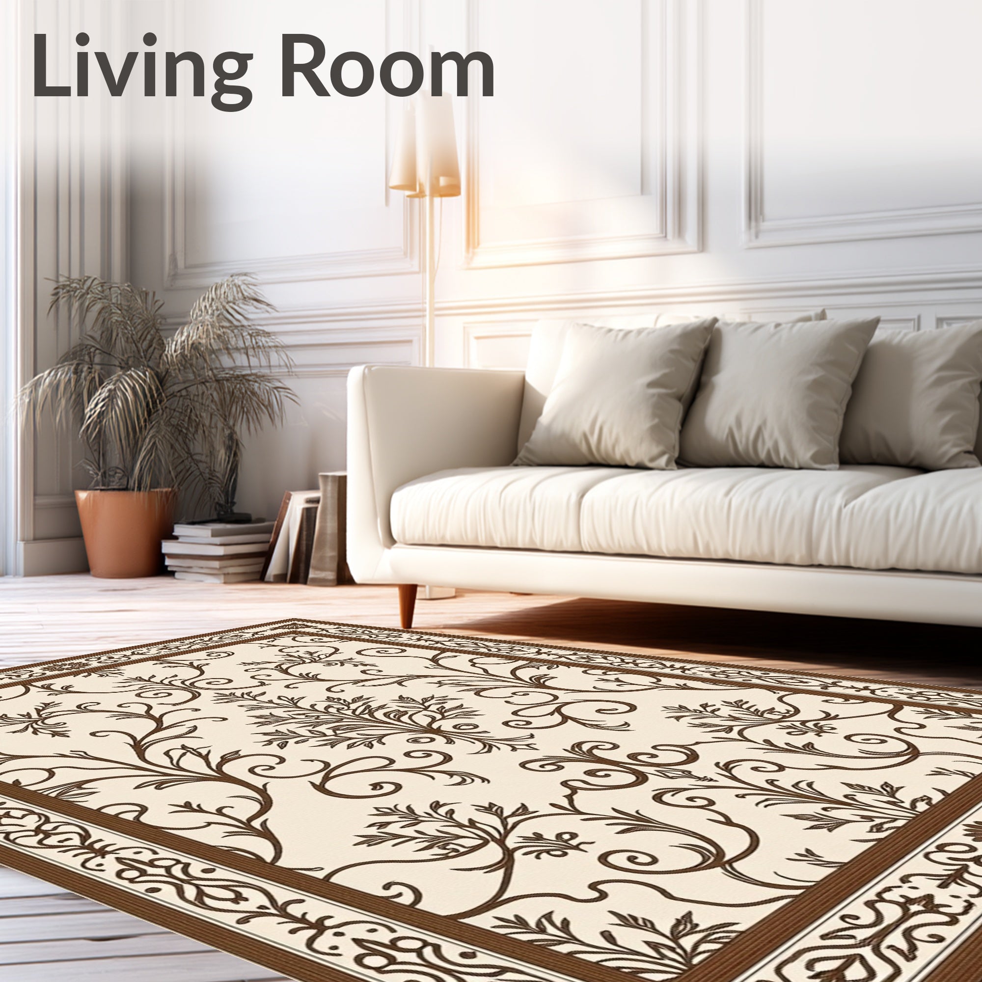 Brown Scrollwork Floral Filigree Frame Rug
