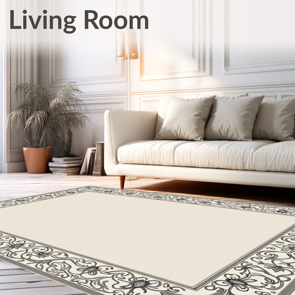Elegant Ivory Arabesque Floral Border Rug