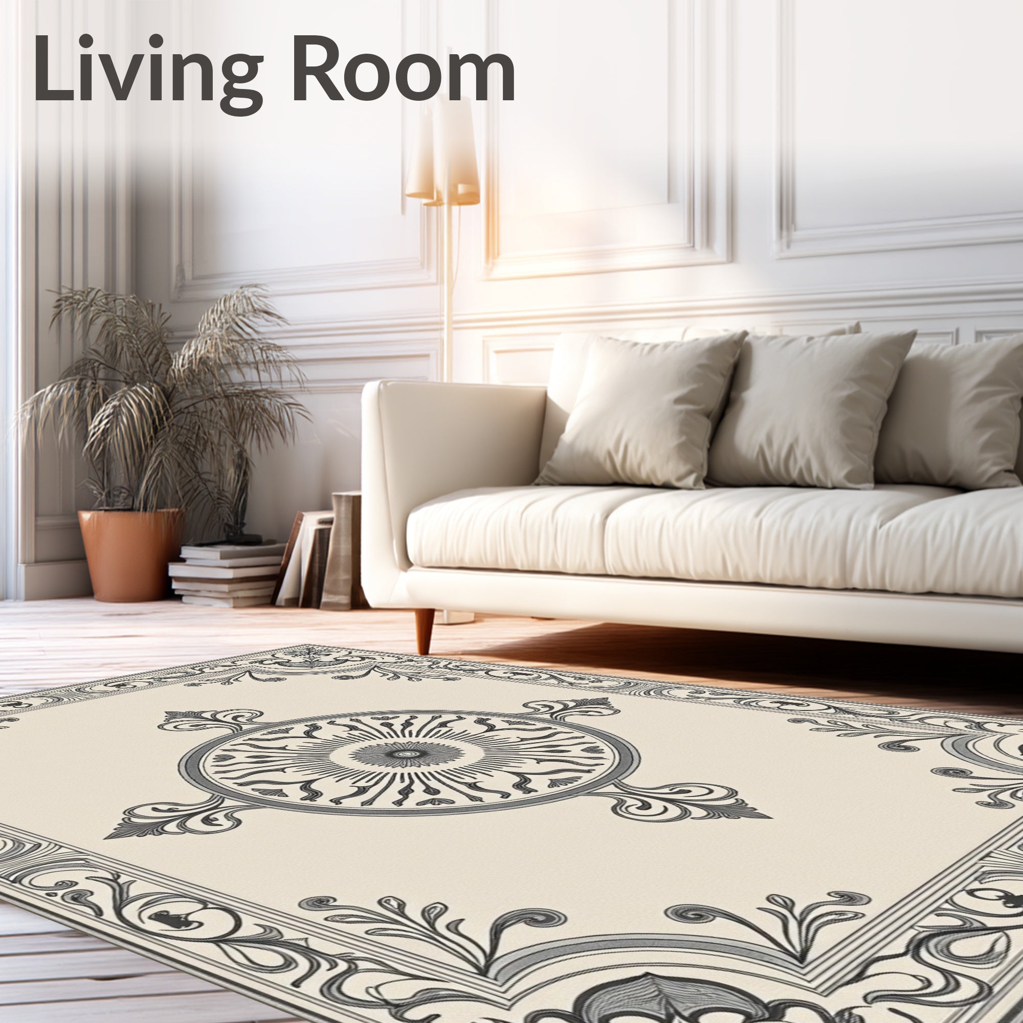 Antique Beige Black Medallion Border Rug