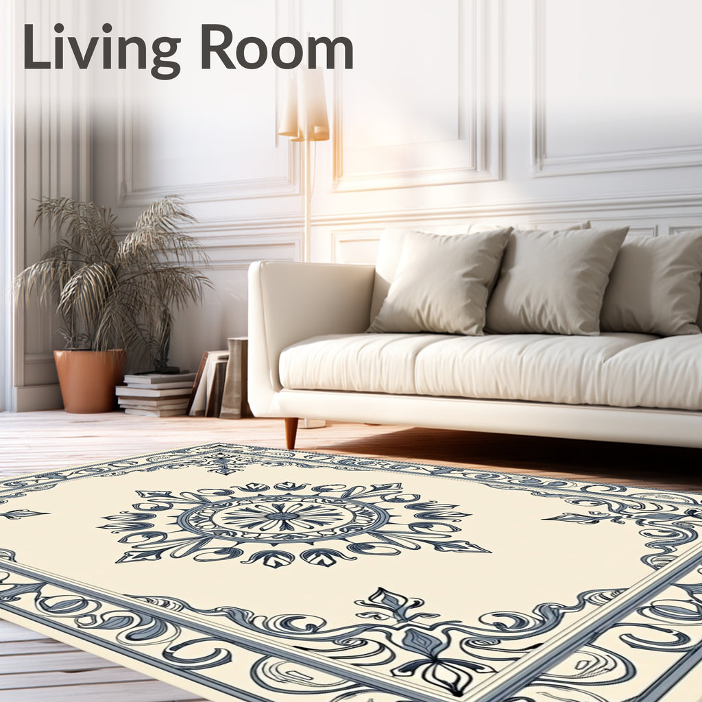 Cream Navy Floral Medallion Border Rug