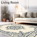 Cream Navy Floral Medallion Border Rug