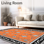 Orange Ivory Floral Scroll Border Rug
