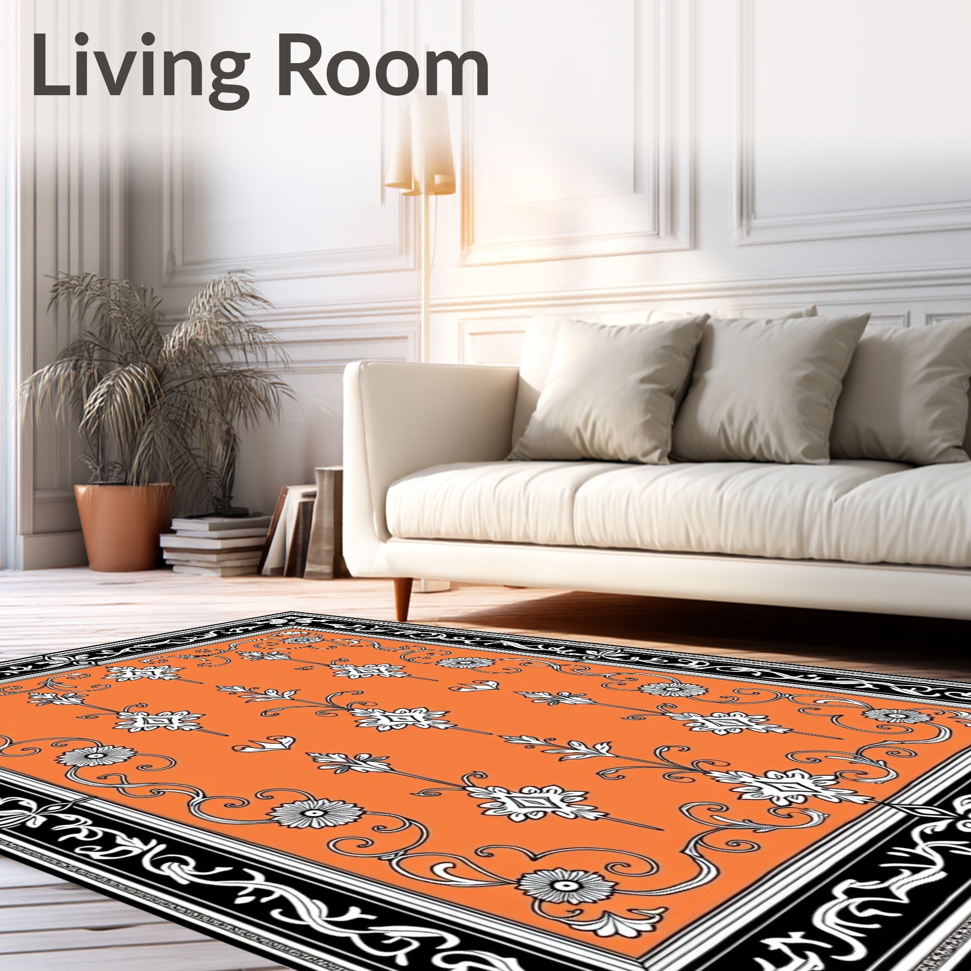 Orange Ivory Floral Scroll Border Rug