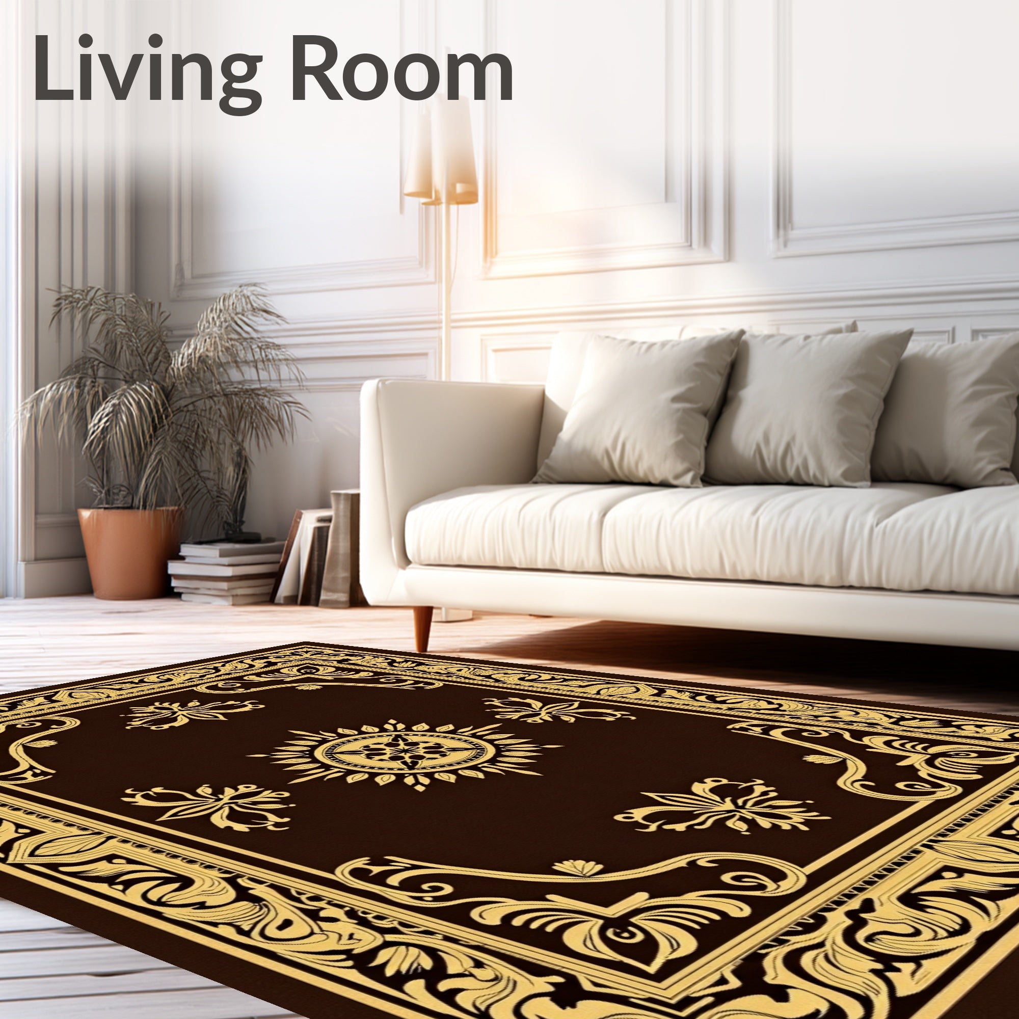 Elegant Gold Brown Arabesque Scroll Rug