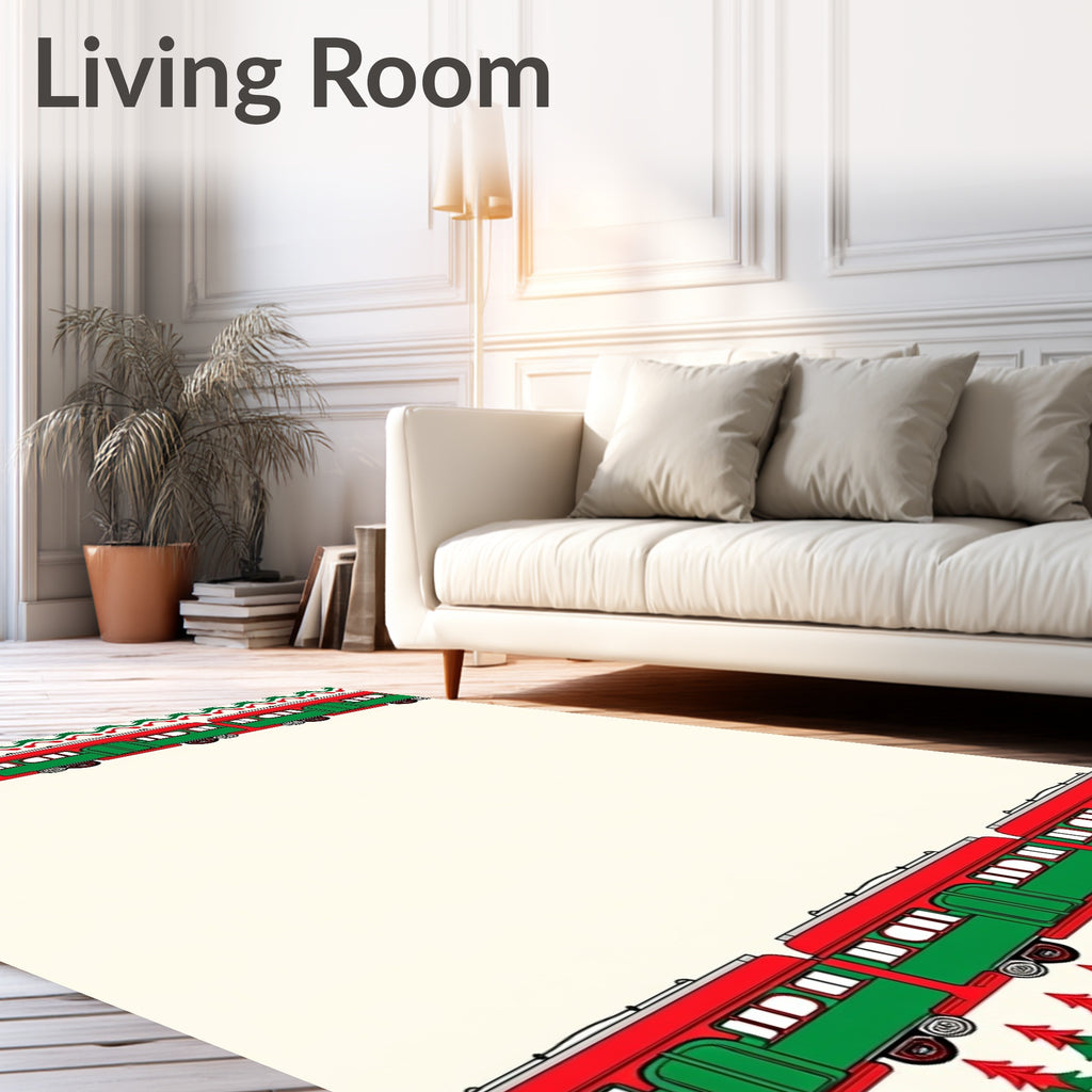 Festive Red Green Train Border Rug