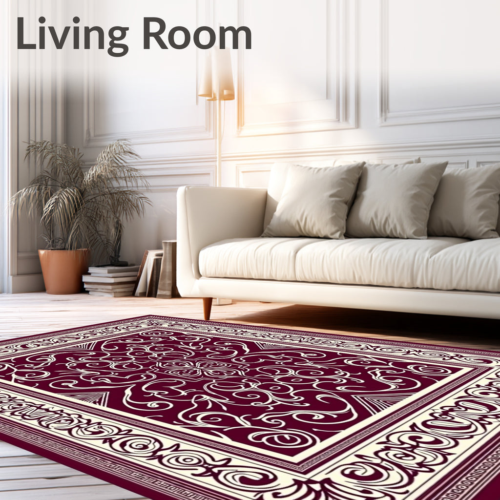 Crimson White Swirl Scroll Border Rug