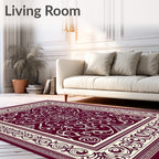 Crimson White Swirl Scroll Border Rug