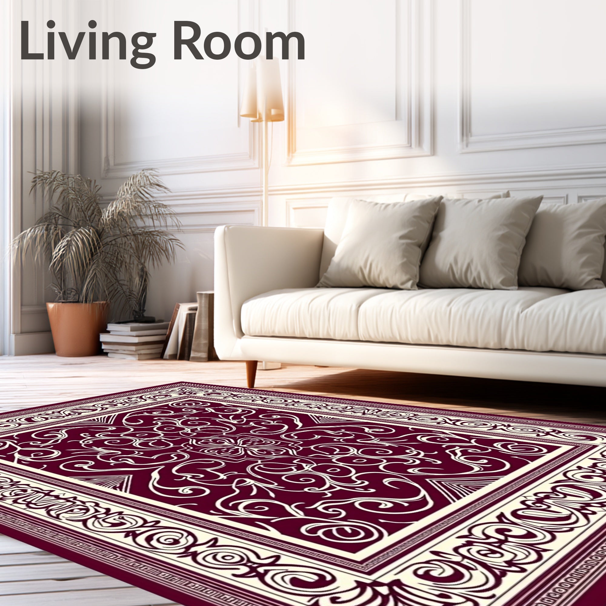 Crimson White Swirl Scroll Border Rug
