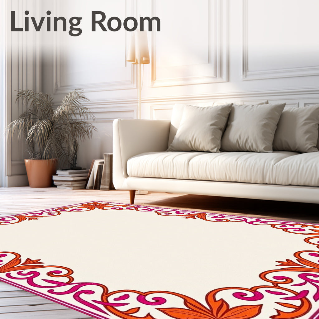 Vibrant Orange Pink Floral Border Rug