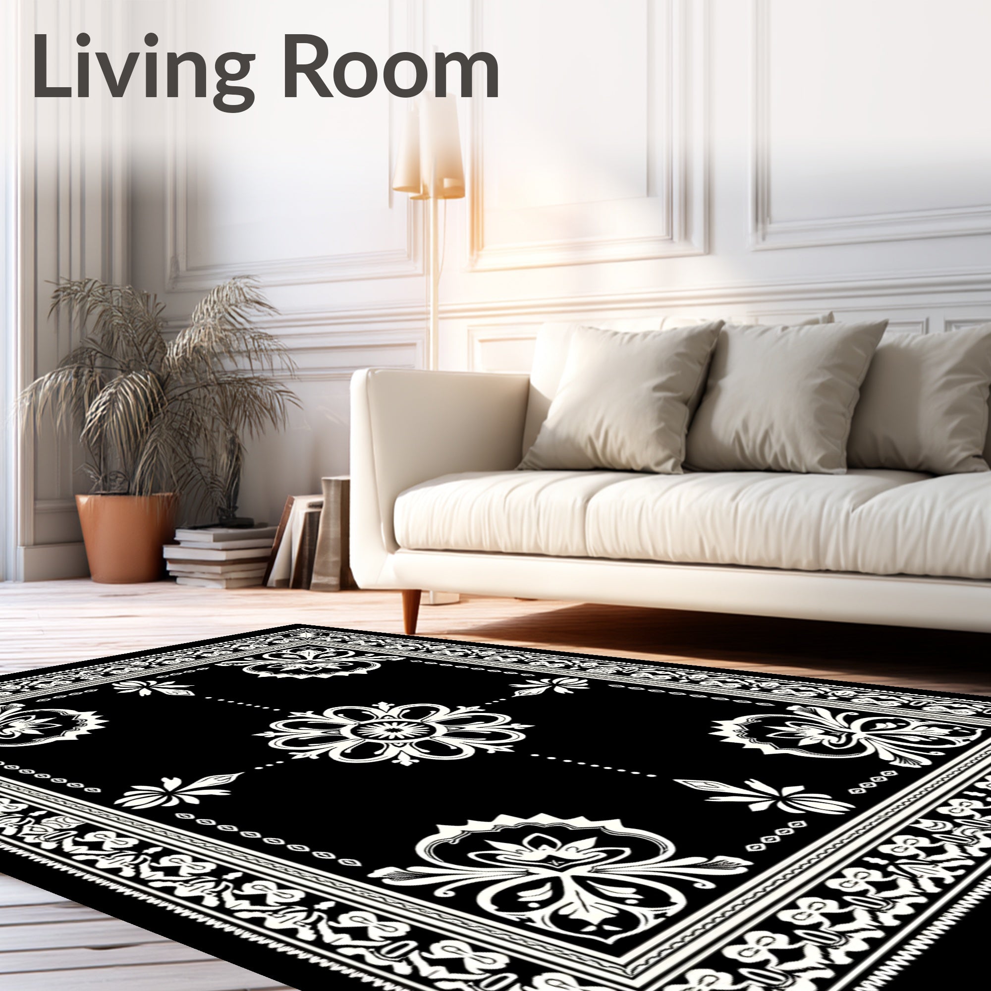 Monochromatic Floral Scroll Border Rug