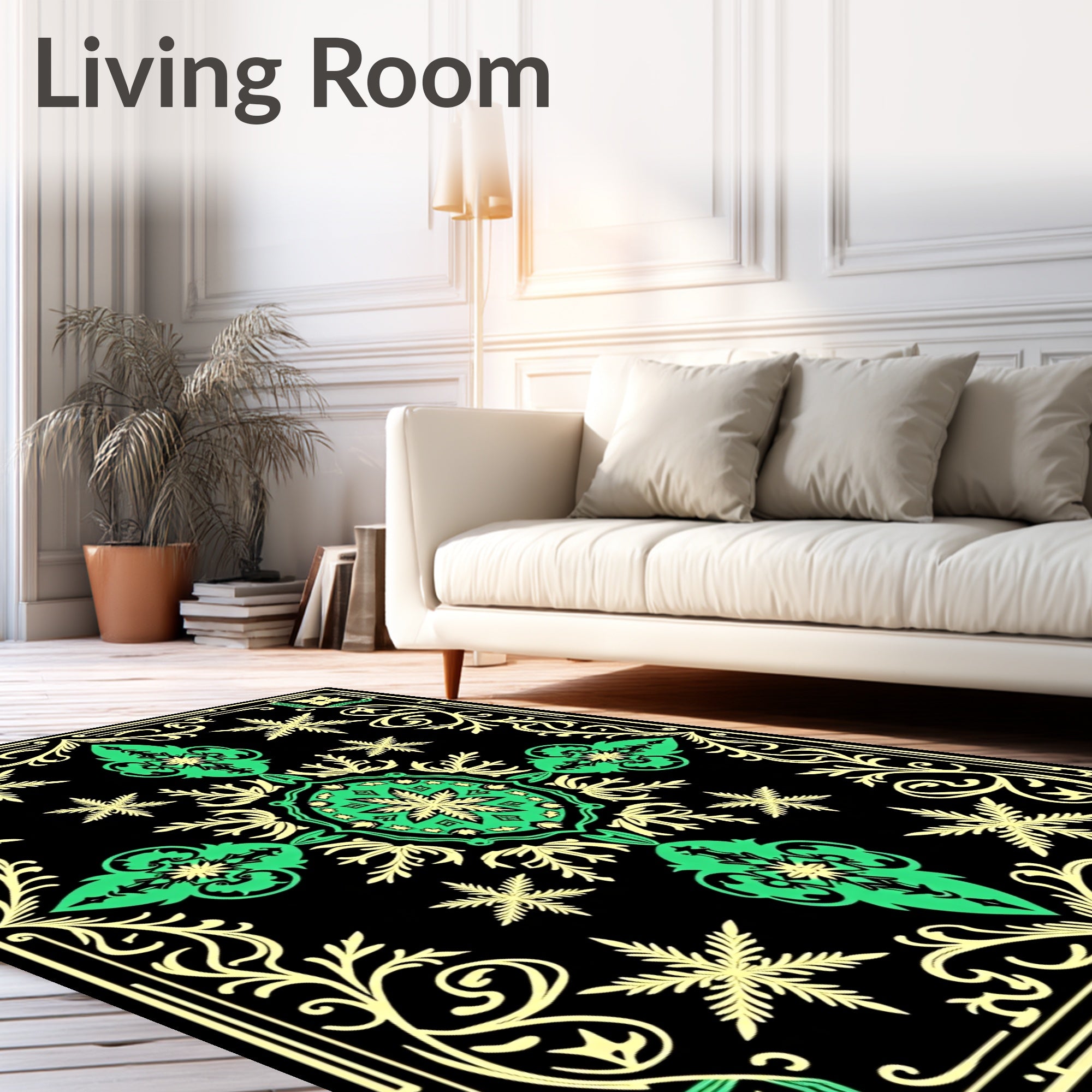 Black Emerald Green Floral Medallion Rug