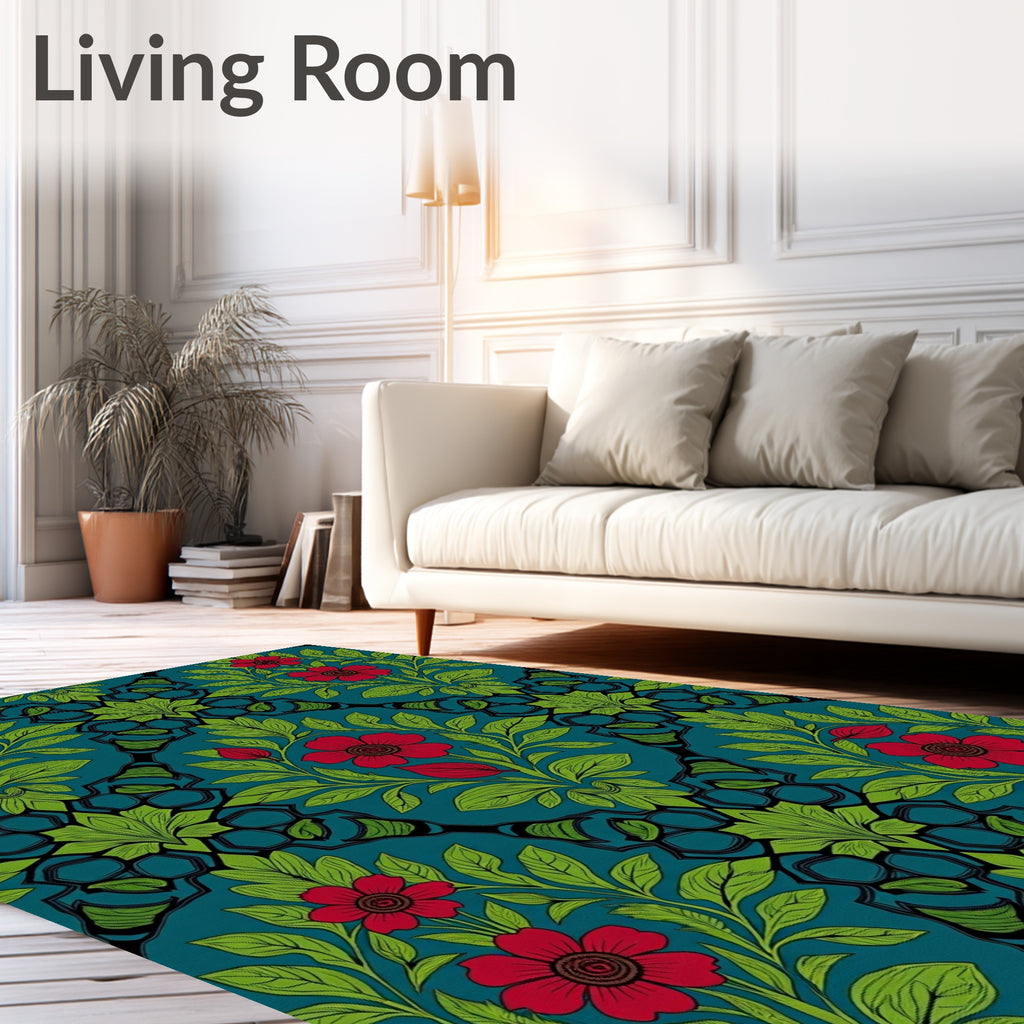 Crimson floral vine on teal Rug