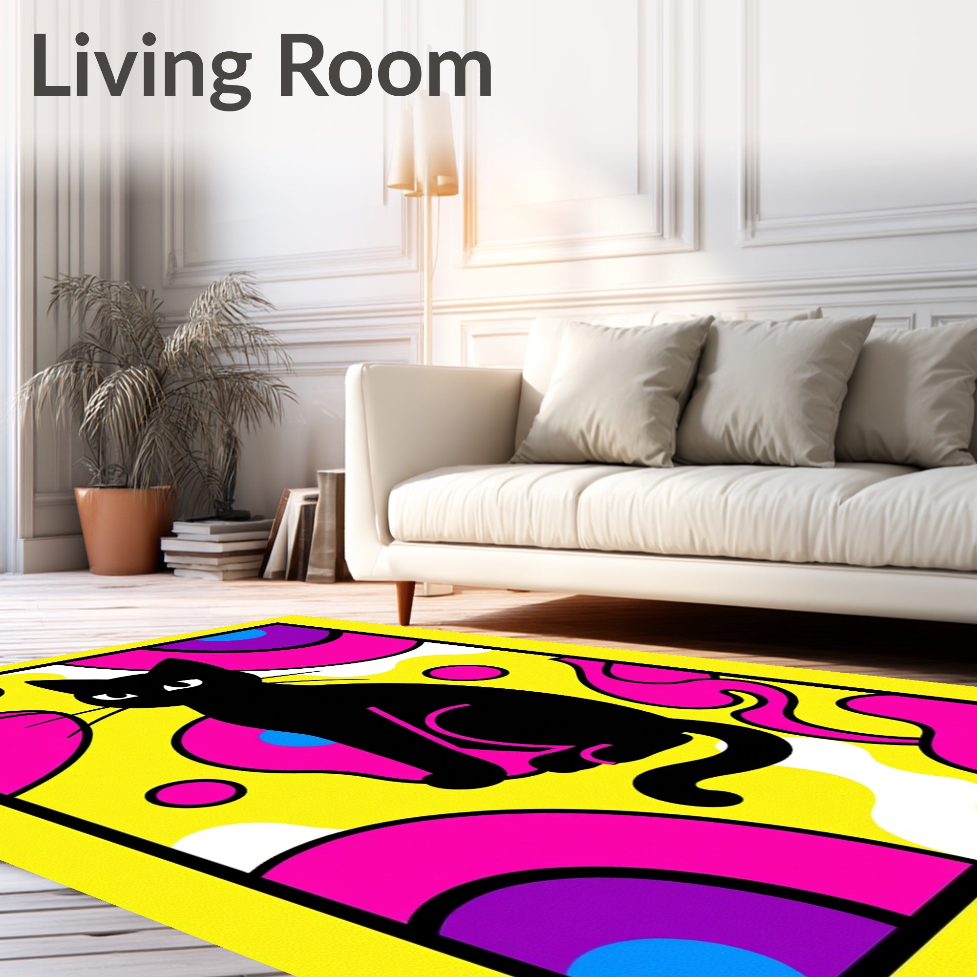 Retro Black Cat Yellow Abstract Rug
