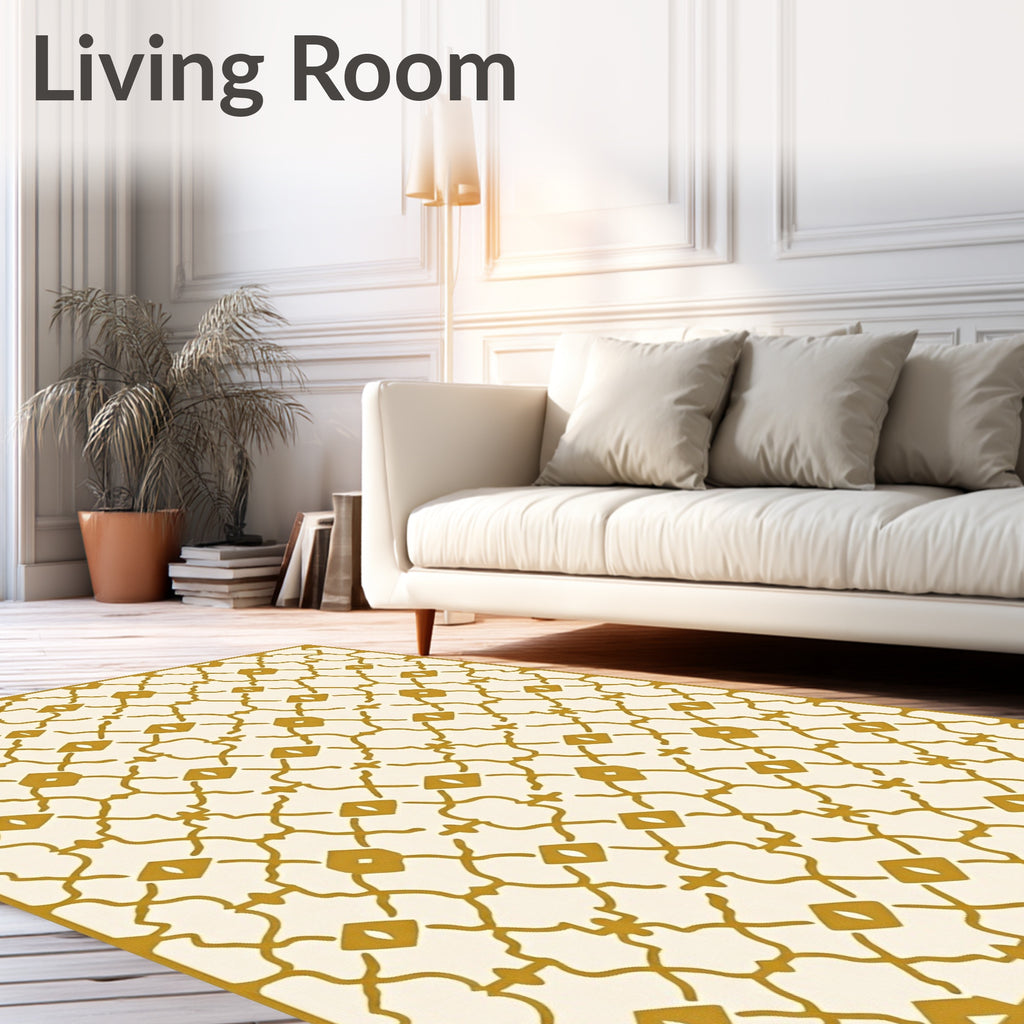 Gold Geometric Lattice Arabesque Rug