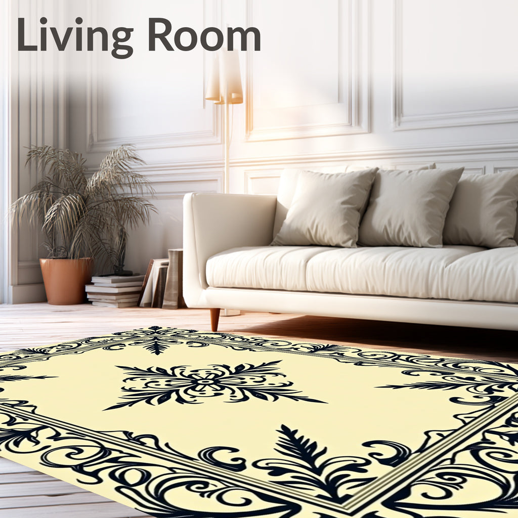 Black Floral Scroll Border Creme Rug