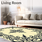 Black Floral Scroll Border Creme Rug