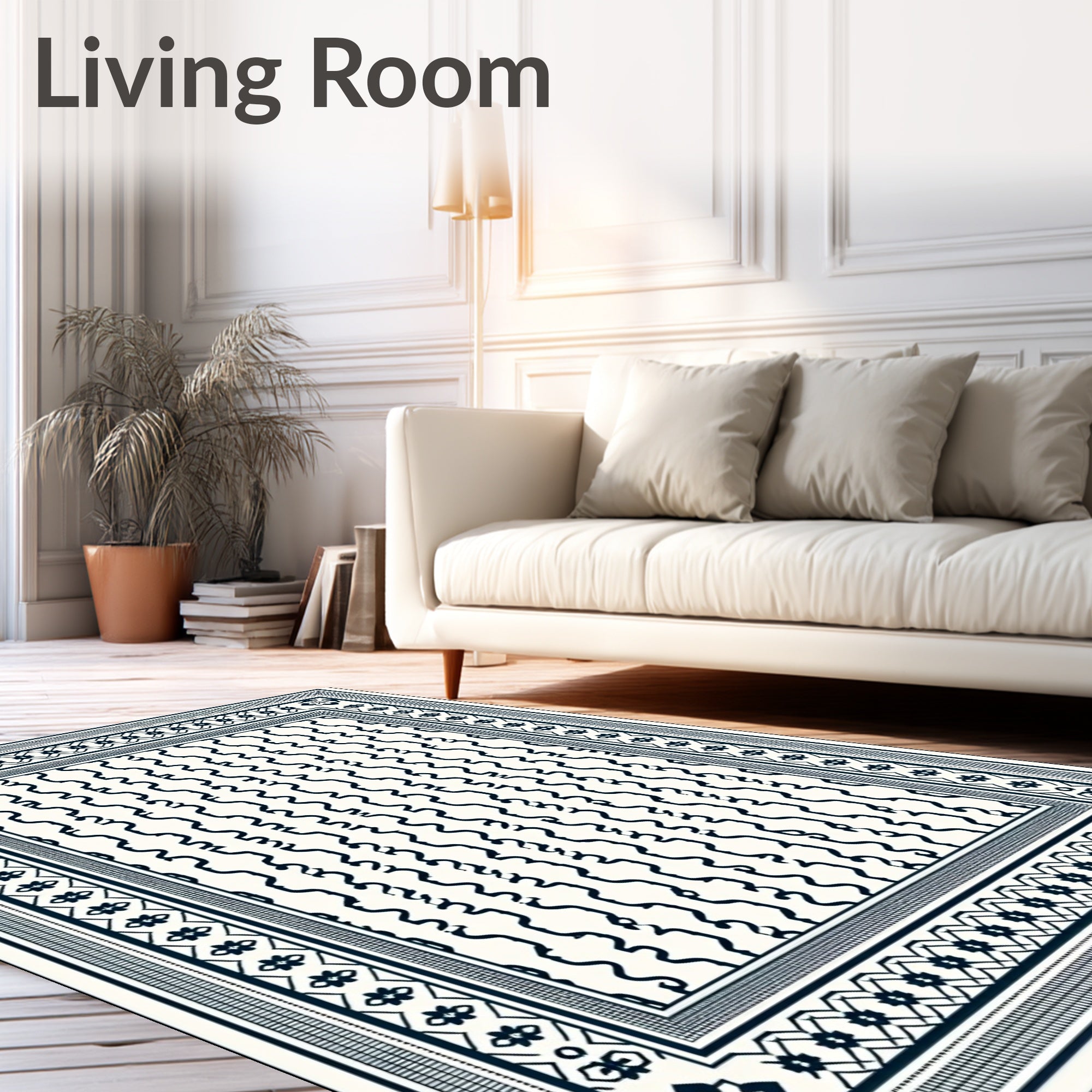Navy Ivory Vertical Stripe Border Rug