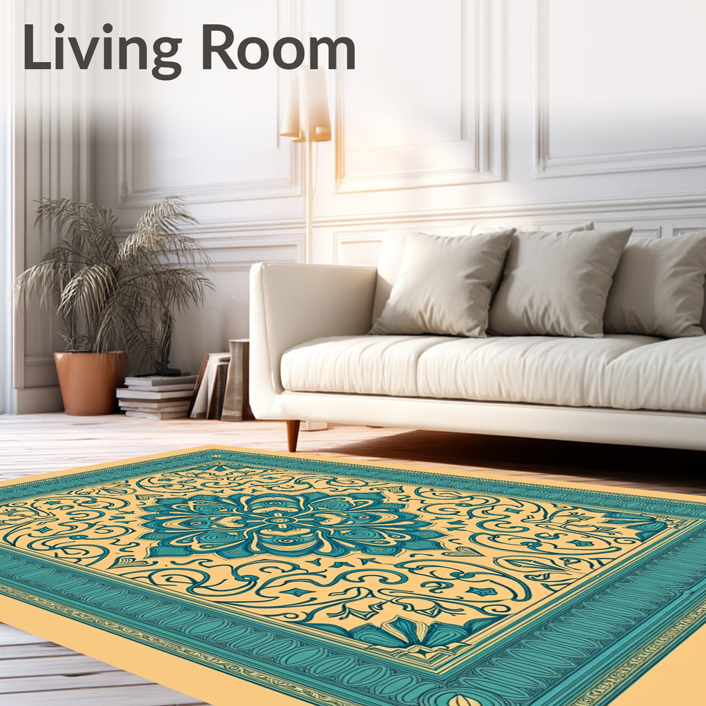 Teal Floral Medallion Cream Border Rug