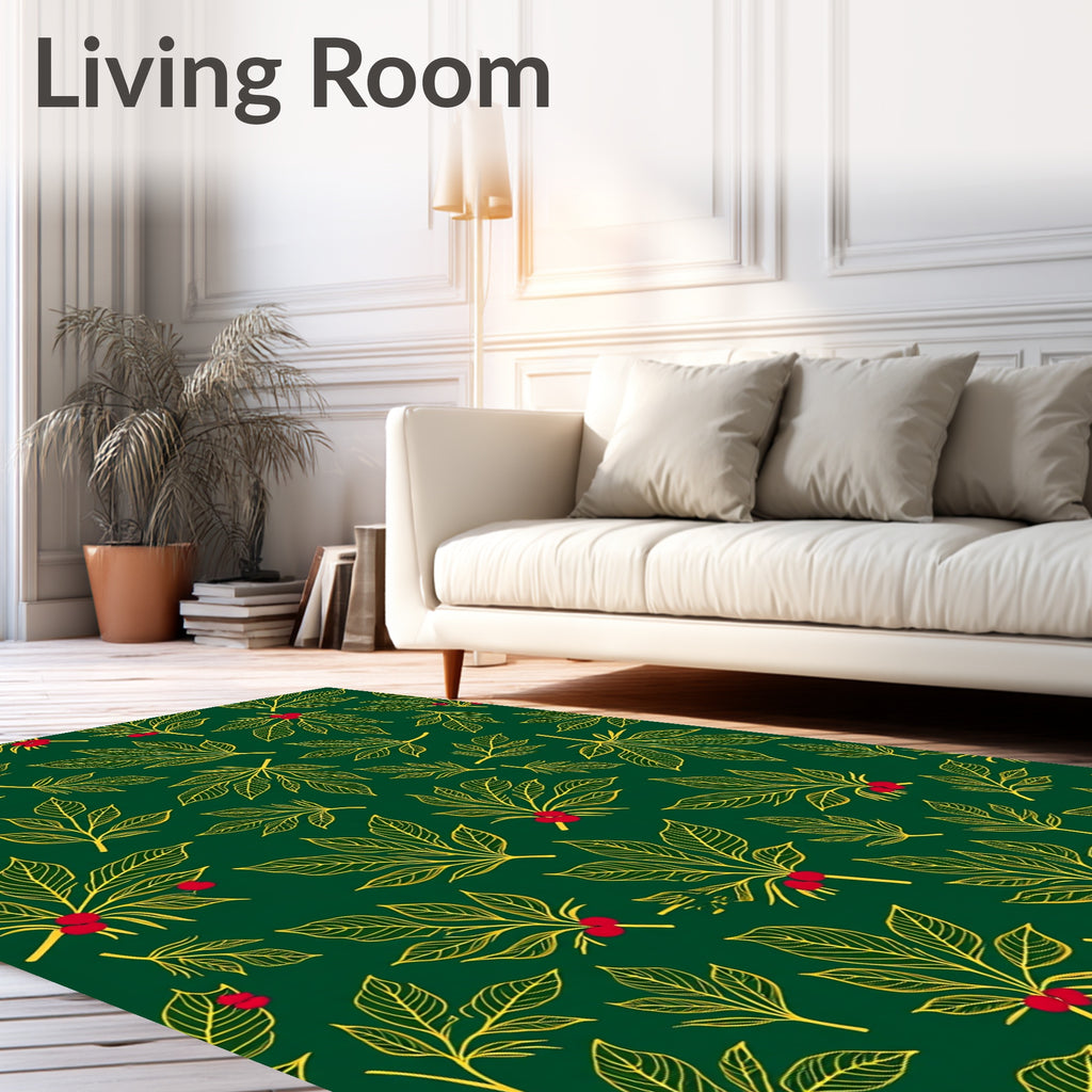 Gold Leaf Berry Branch Green Rug