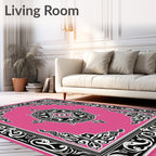 Vivid Pink Black Filigree Medallion Rug