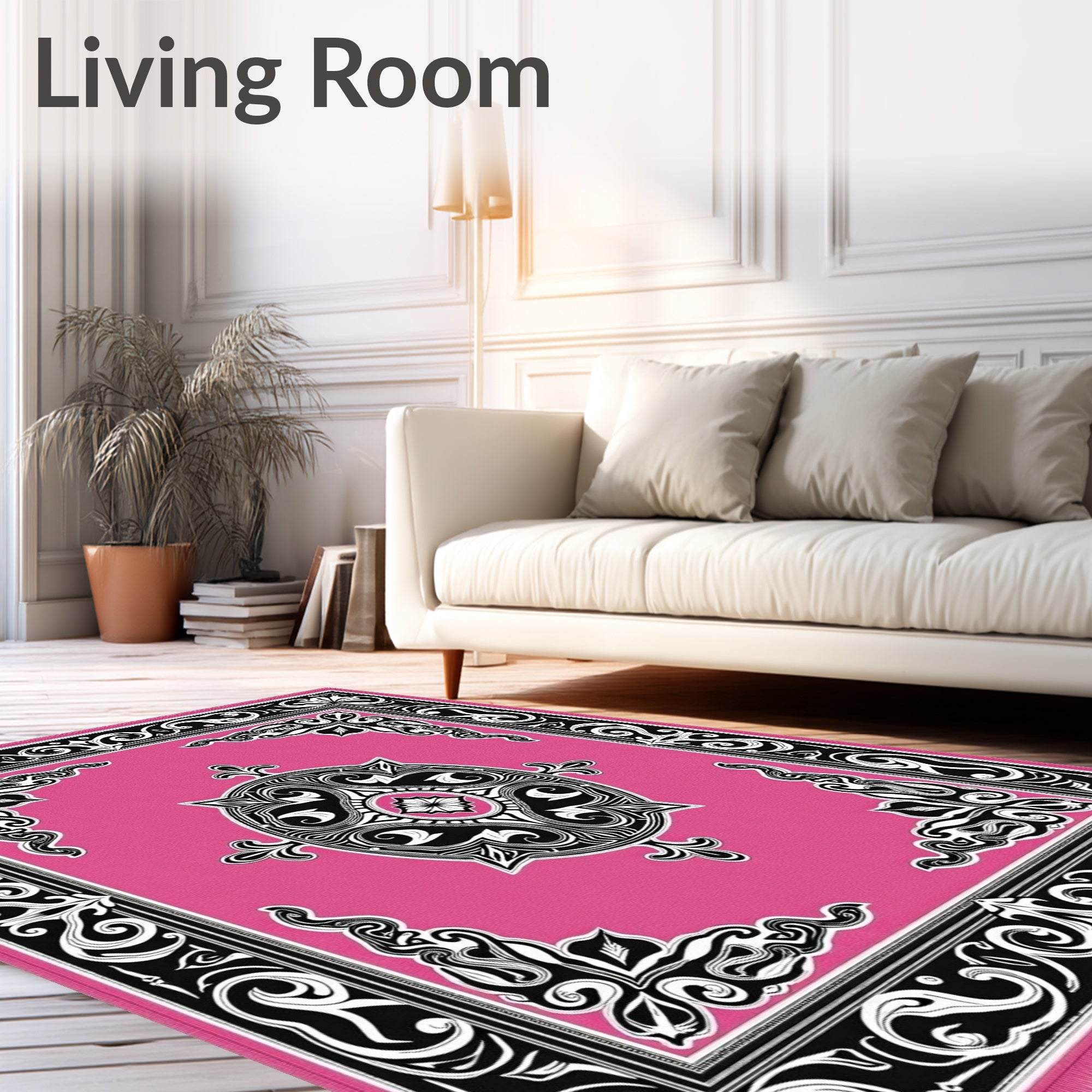 Vivid Pink Black Filigree Medallion Rug