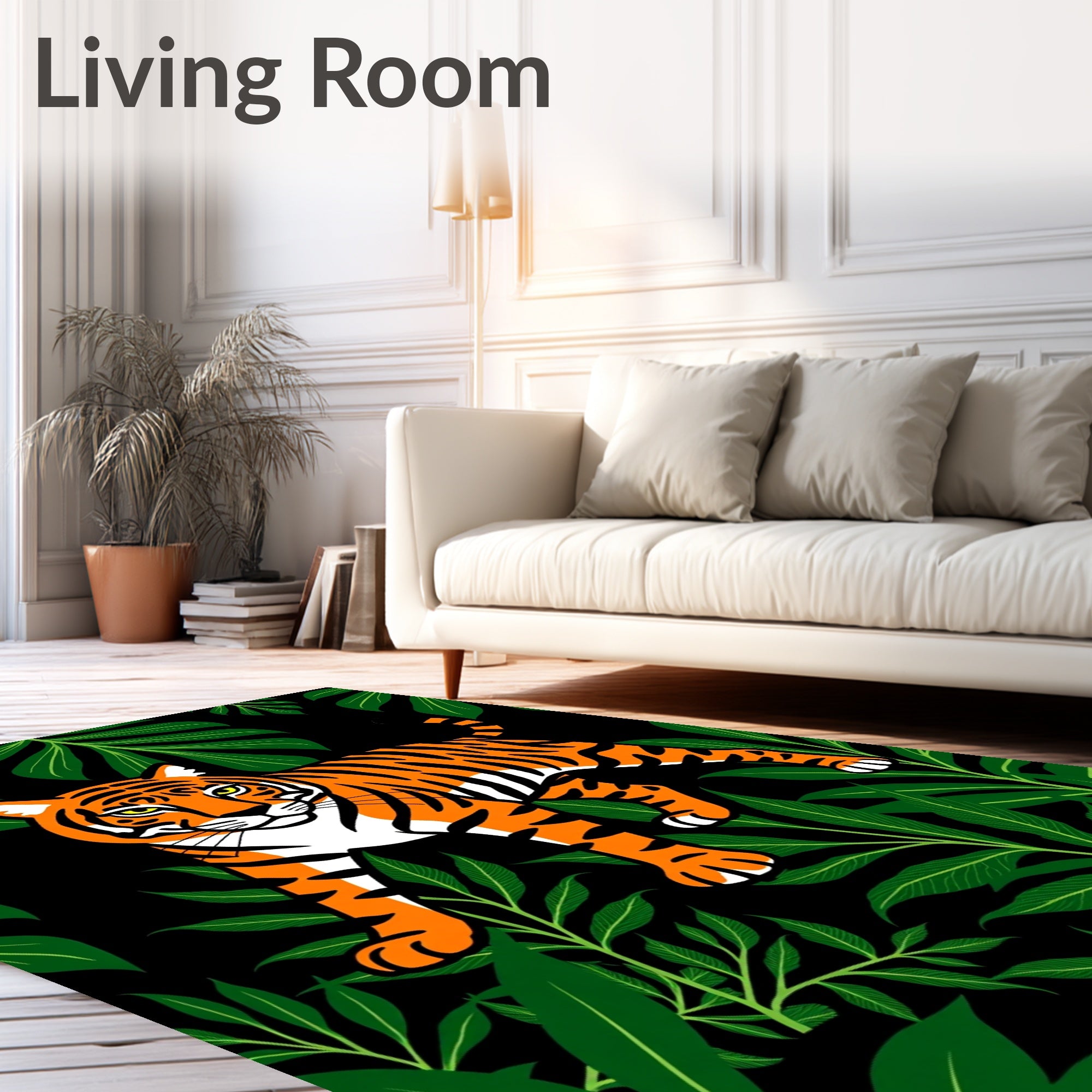 Vibrant Orange Tiger Jungle Foliage Rug
