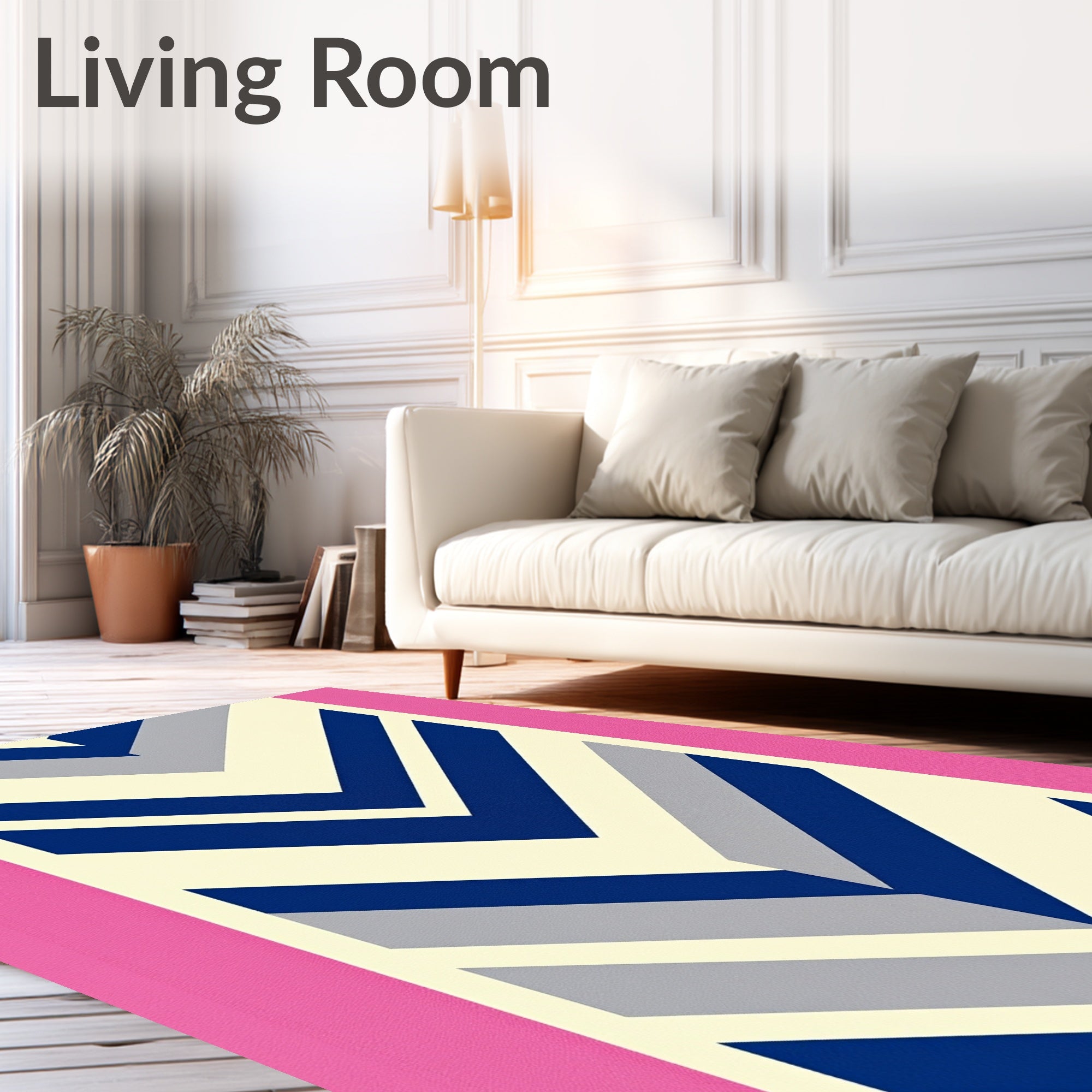 Pink Ivory Blue Chevron Geometric Rug