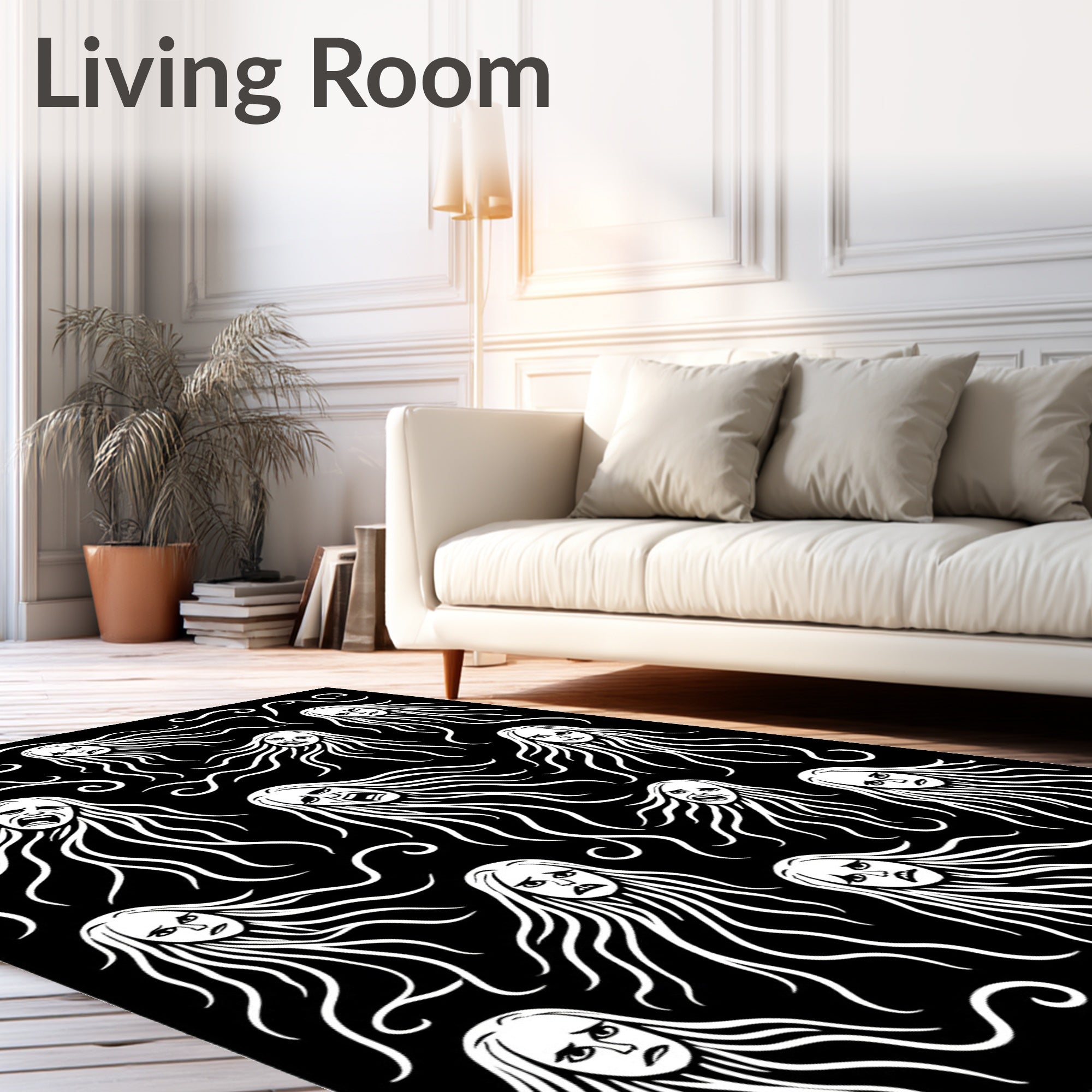 Dramatic White Faces Black Background Rug
