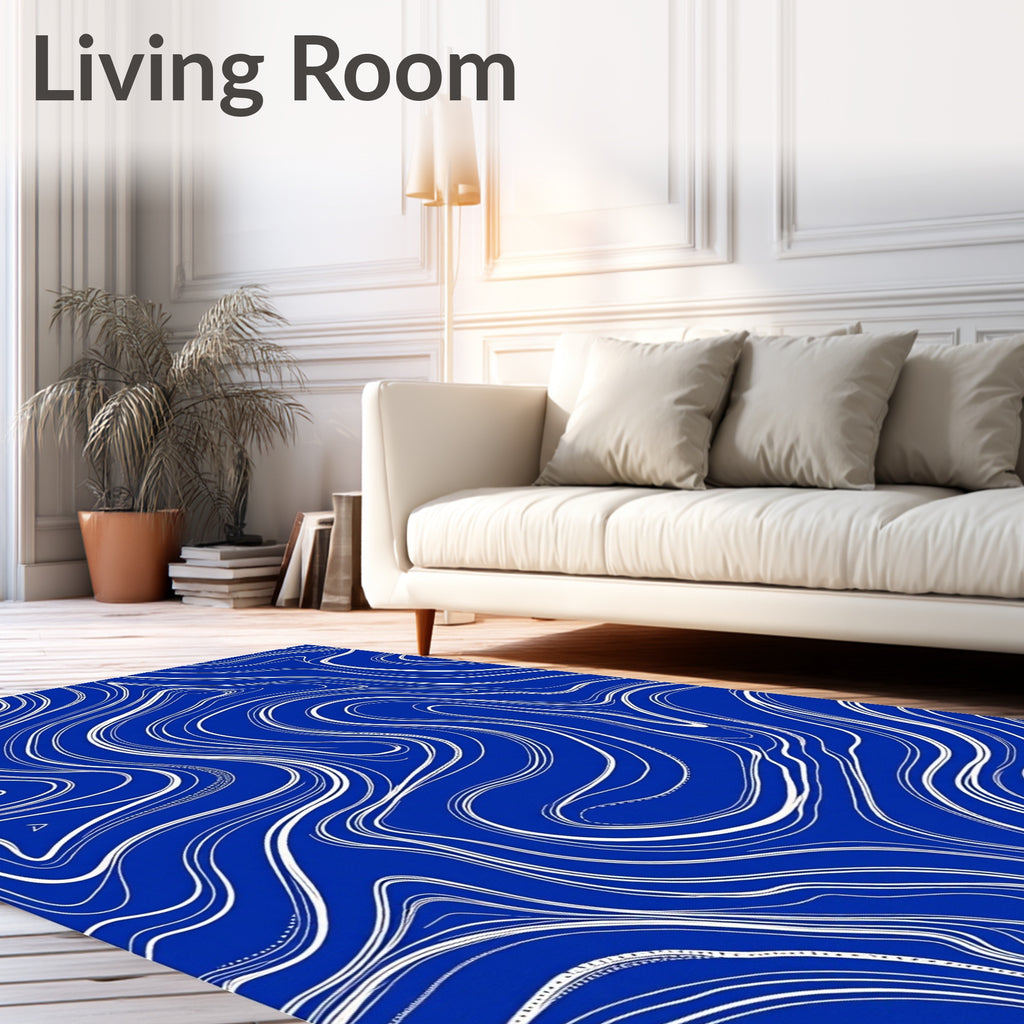 Deep Blue Abstract Wavy Lines Rug
