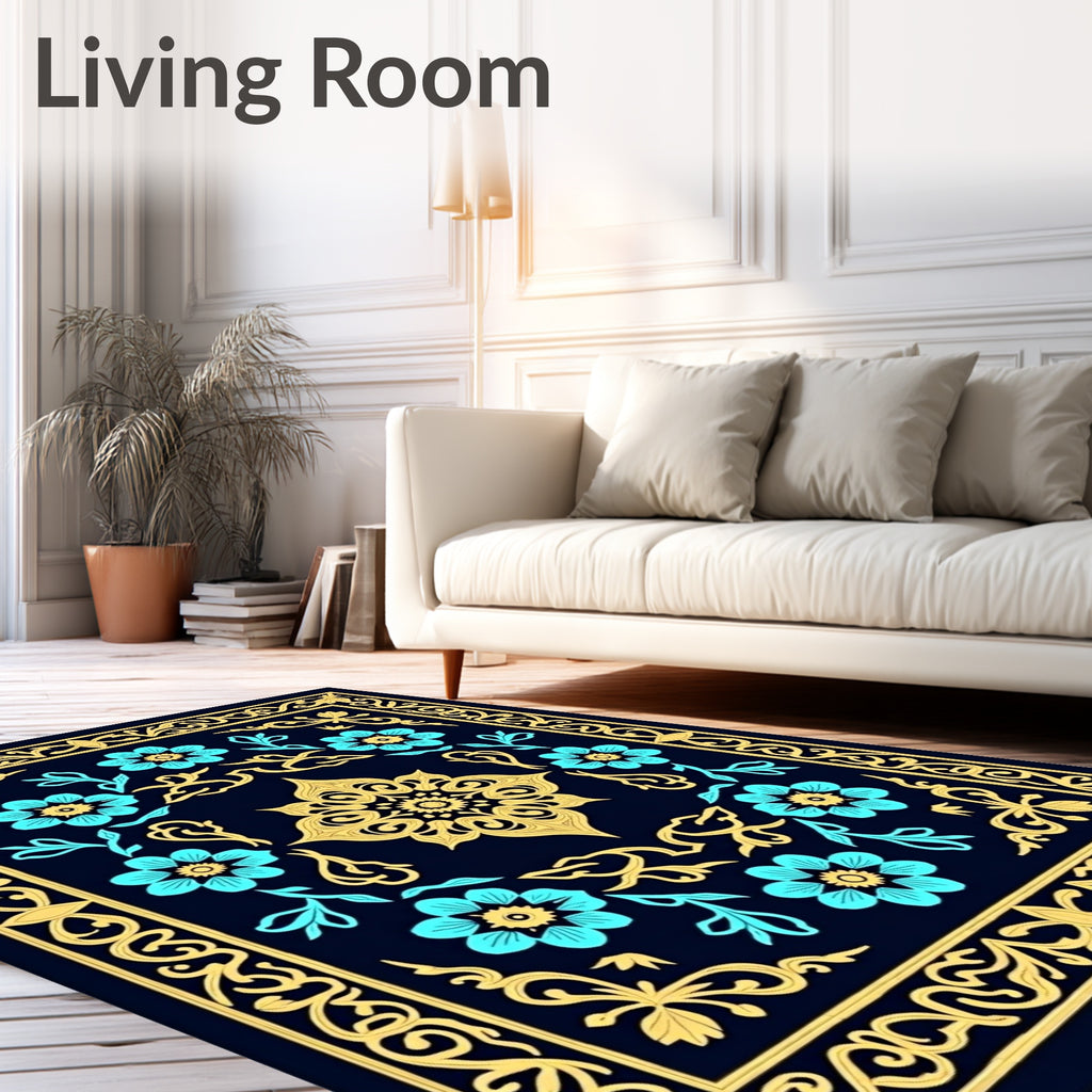 Dark Blue Golden Floral Medallion Rug