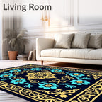 Dark Blue Golden Floral Medallion Rug