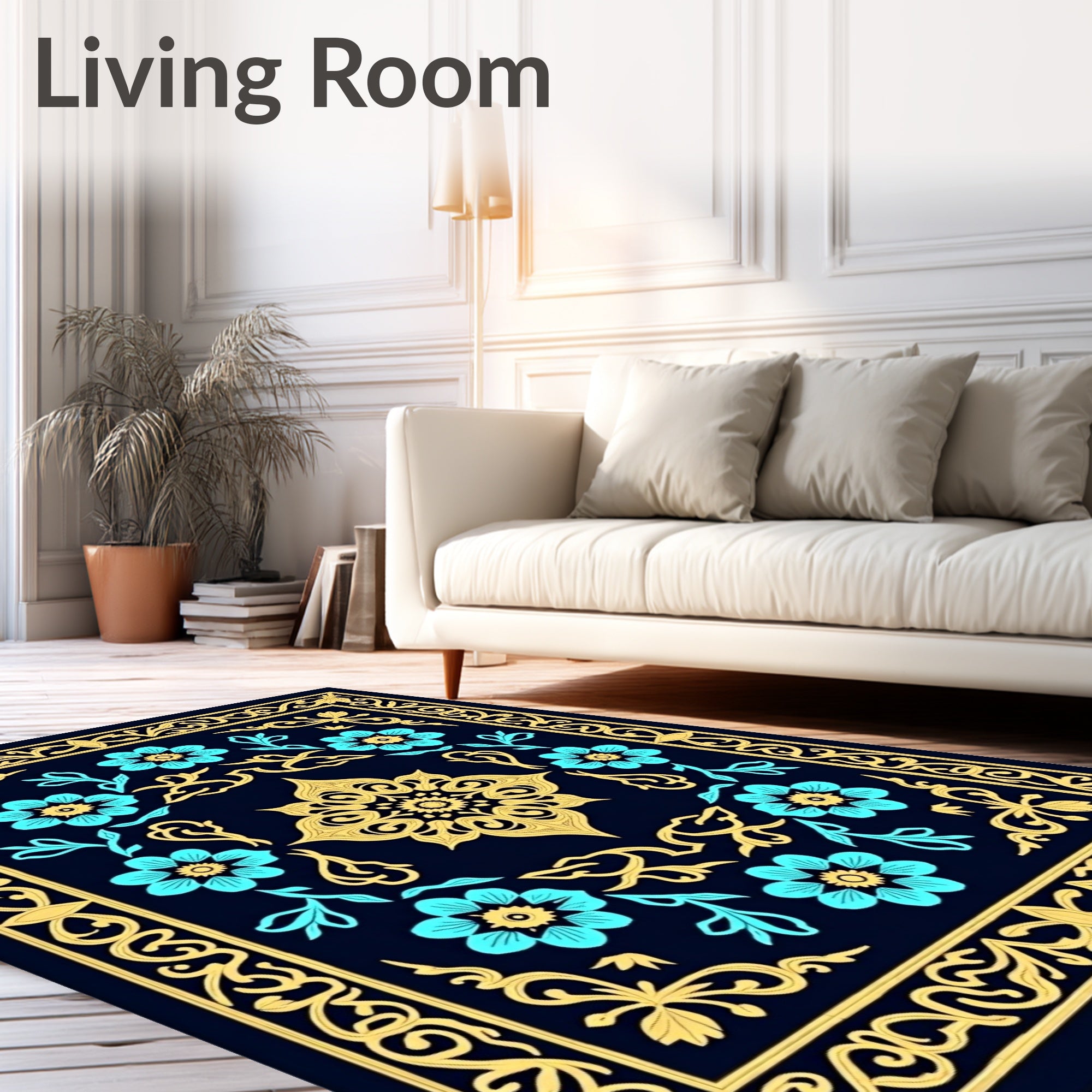 Dark Blue Golden Floral Medallion Rug