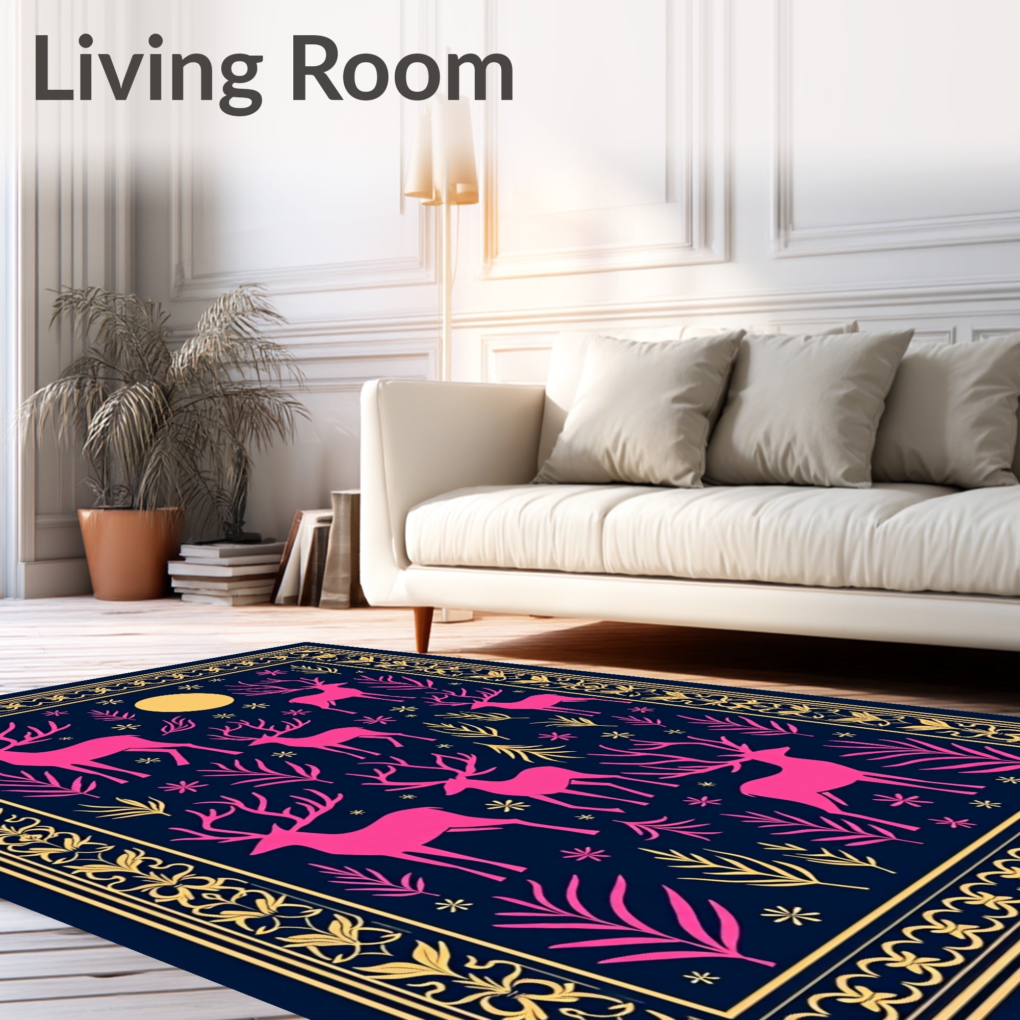 Pink Deer Moon Evening Border Rug