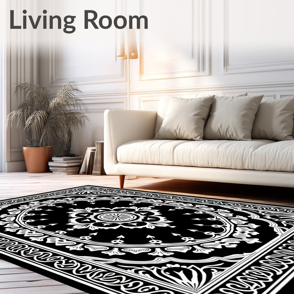 Classic Black White Medallion Border Rug
