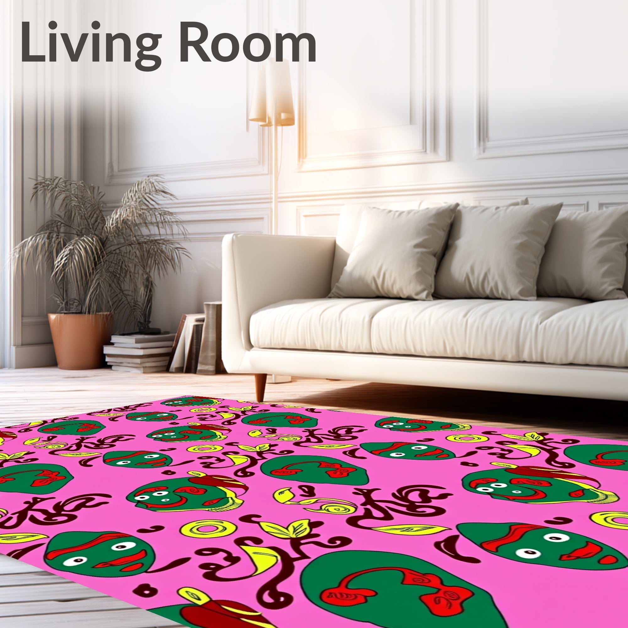 Whimsical Green Figures Scarlet Pink Rug
