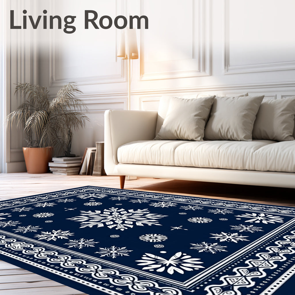 Navy Blue White Snowflake Mandala Rug