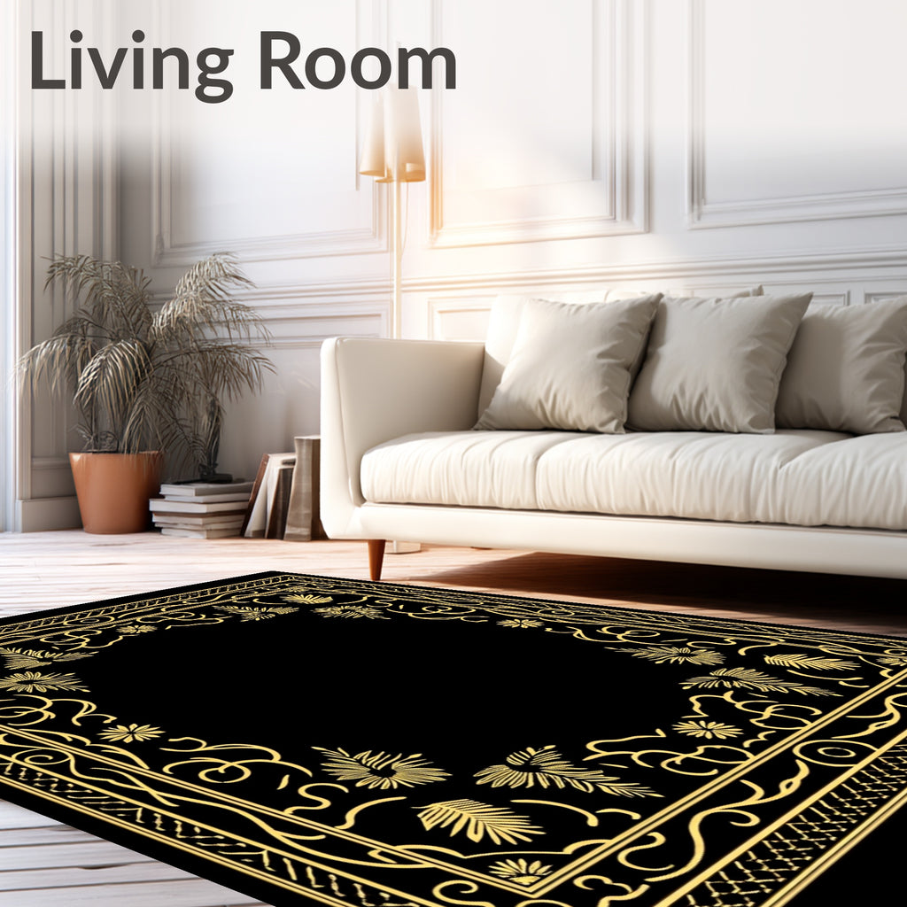 Golden Tropical Leaf Scroll Border Rug
