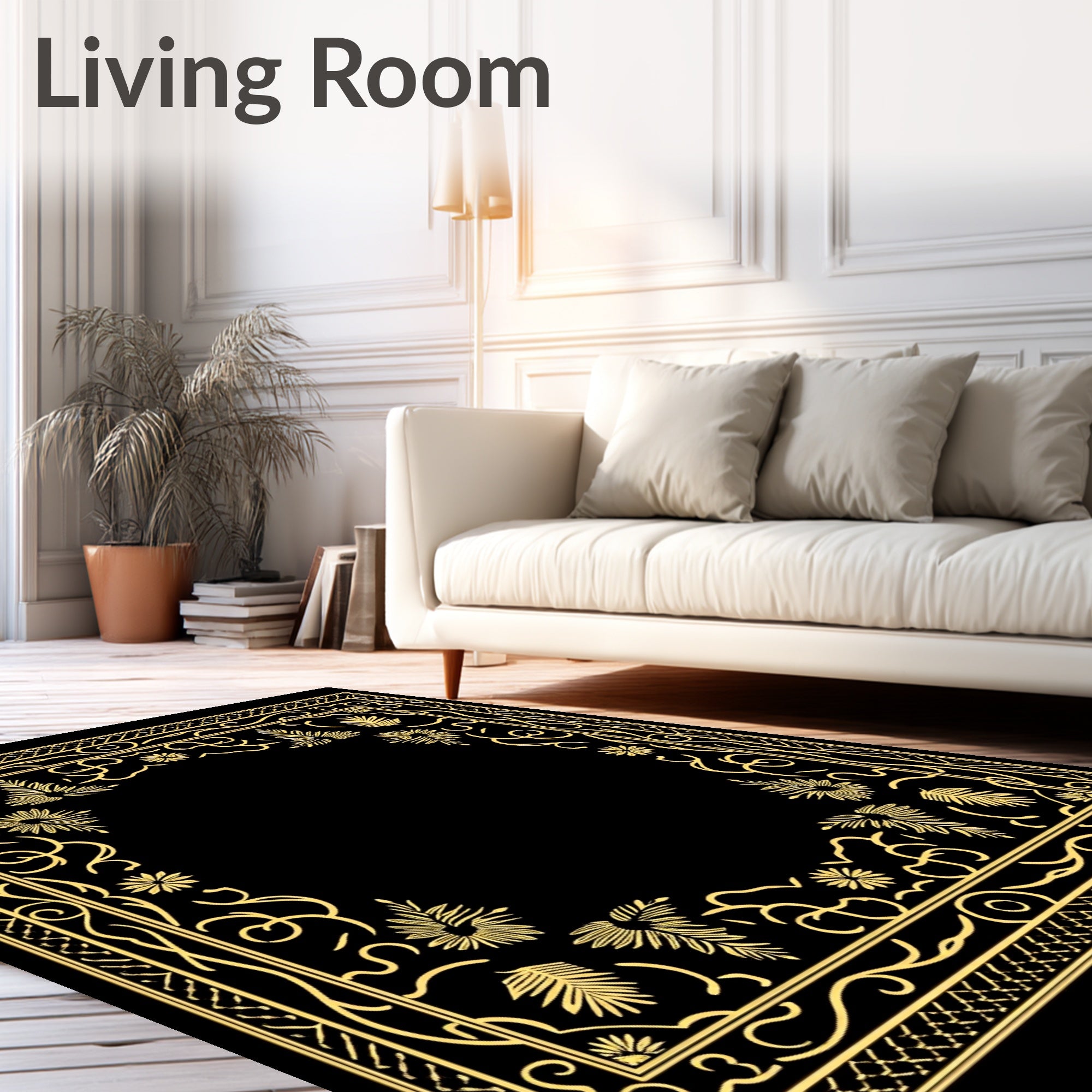 Golden Tropical Leaf Scroll Border Rug