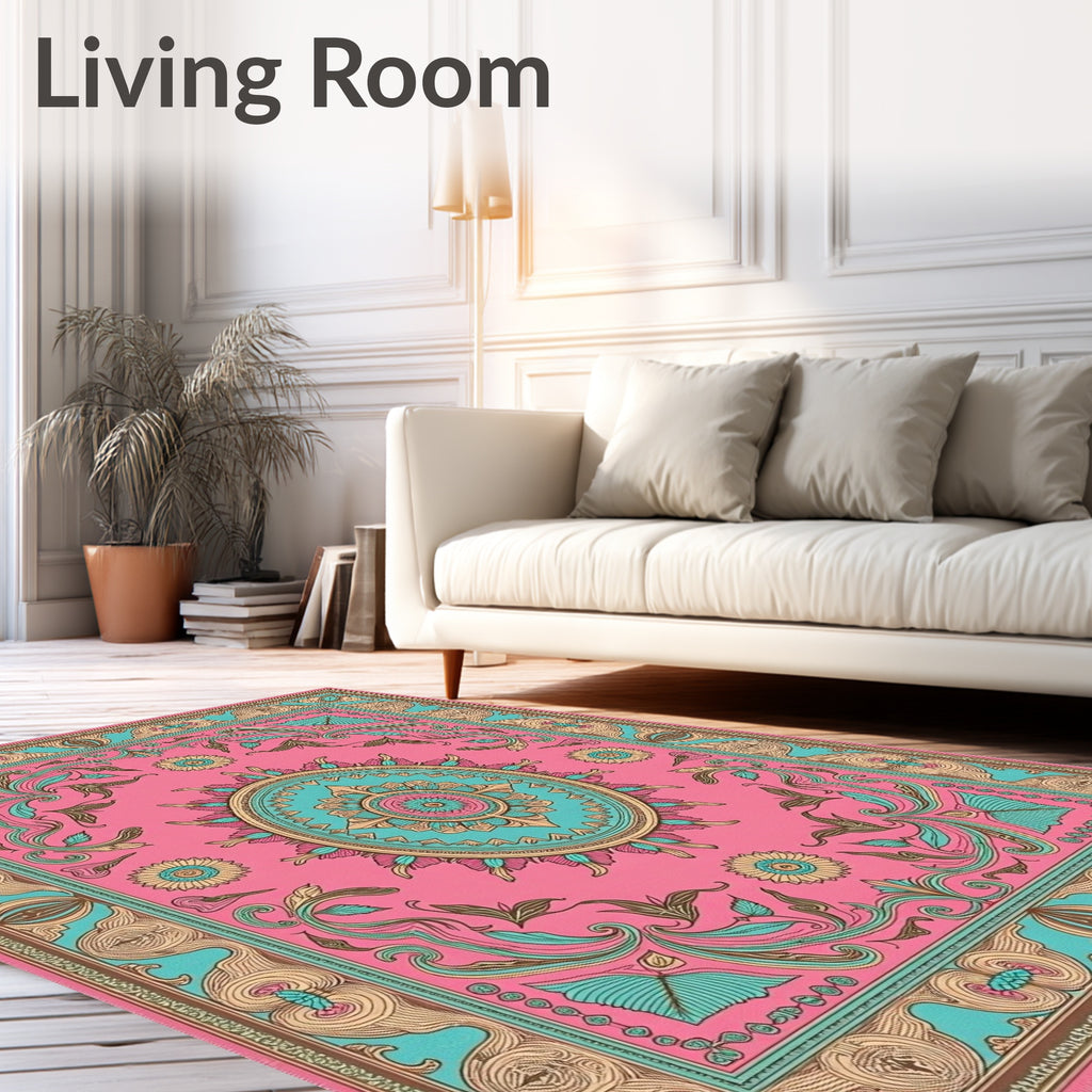 Pink Teal Floral Oval Medallion Rug