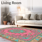 Pink Teal Floral Oval Medallion Rug