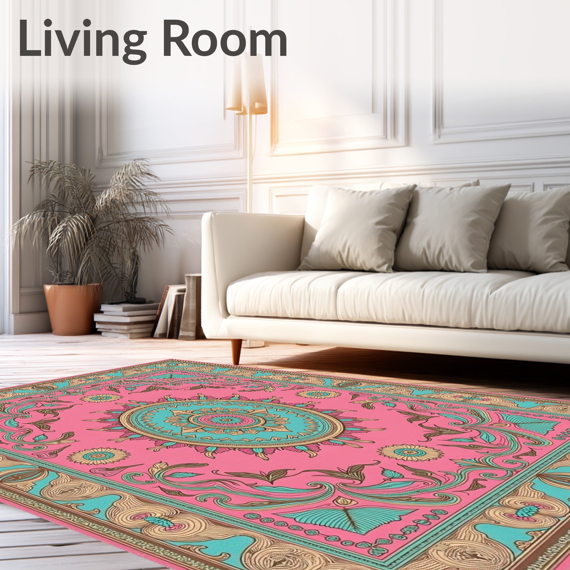 Pink Teal Floral Oval Medallion Rug