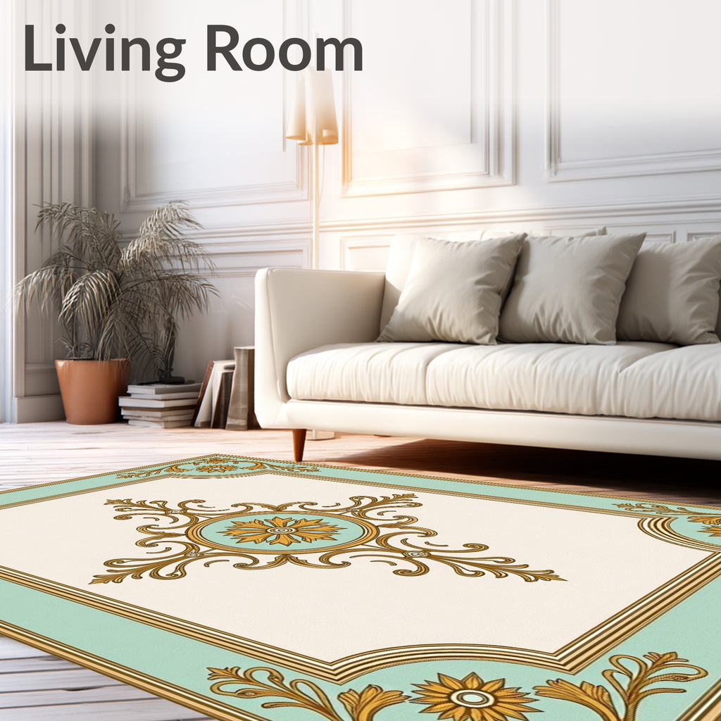Ornate Golden Floral Mint Medallion Rug