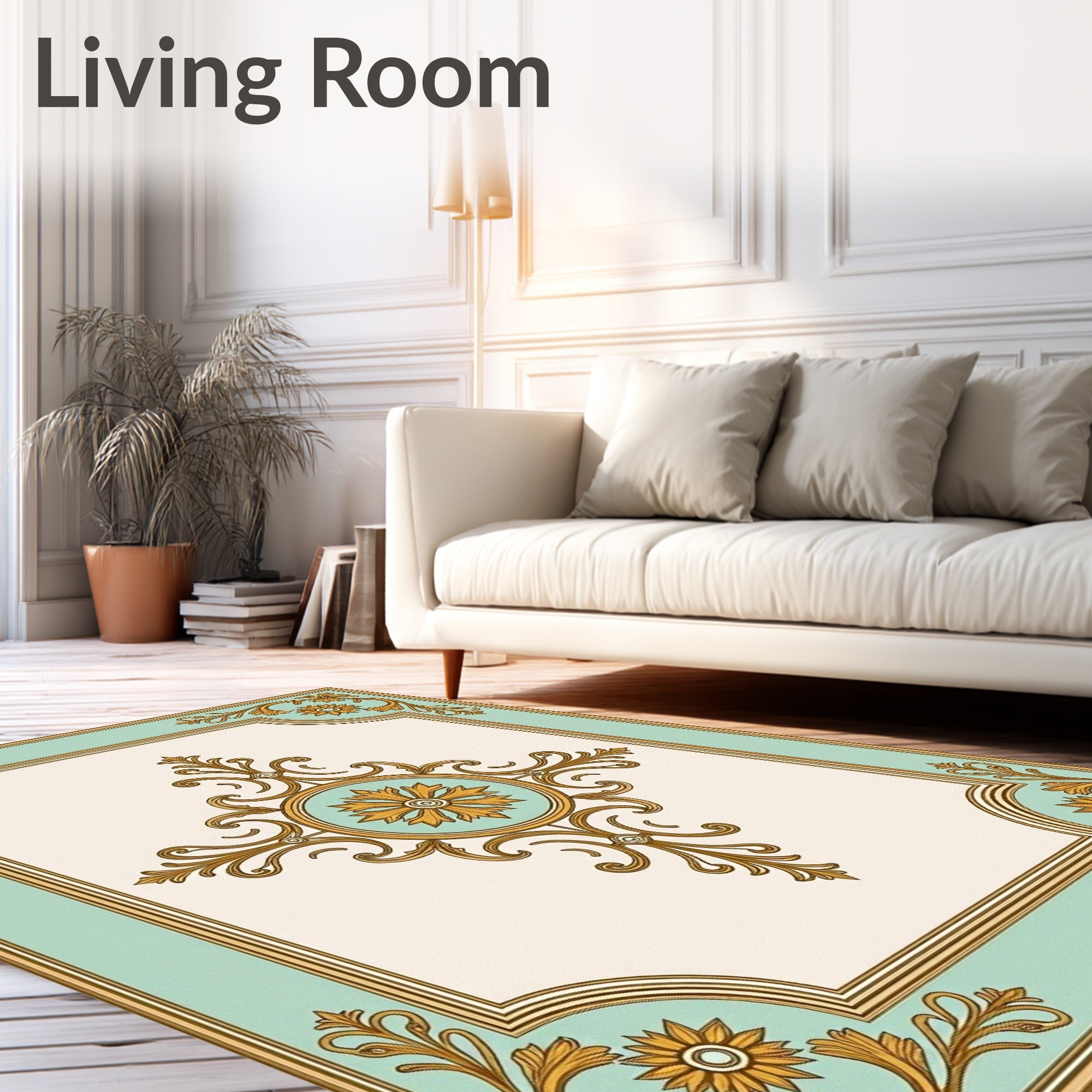 Ornate Golden Floral Mint Medallion Rug
